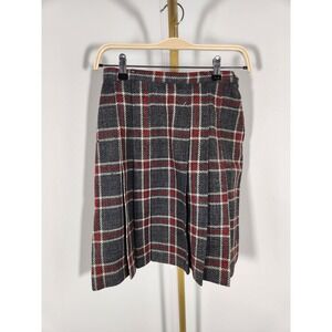 Vintage 1960s Four Corners Gray Red Wool Plaid Pleated Skirt Size 9 Union Tag
